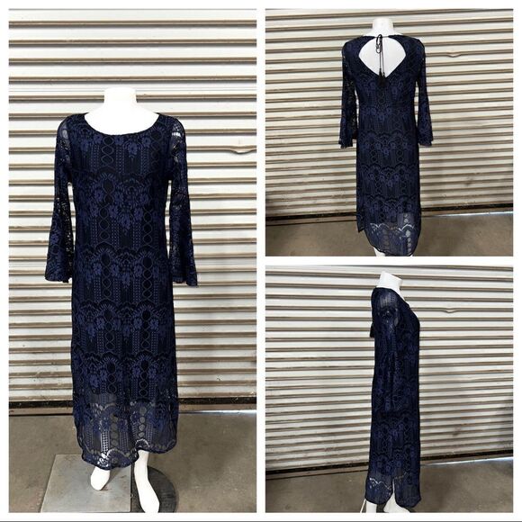 Ellos
lace navy sheath dress bell sleeve evening ware cocktail maxi career SZ 10 - Picture 1 of 11